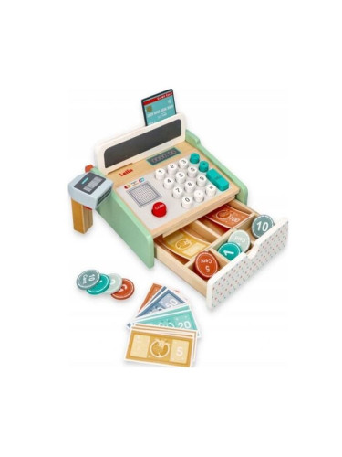 Детски дървен касов апарат с баркод четец Lelin