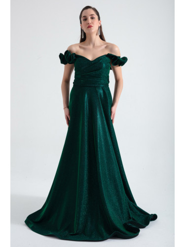 Lafaba Women's Emerald Green Silvery Silvery Long Evening Dress With Frilly Sleeves