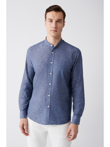 Avva Men's Indigo Crew Neck Linen Blended Regular Fit Shirt