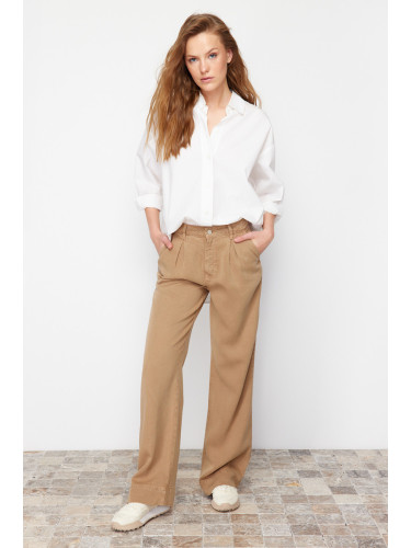Trendyol Camel 100% Tencel™ Pleated Brown High Waist Wide Leg Jeans