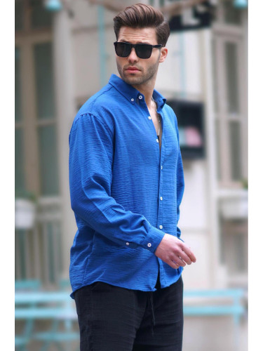 Madmext Men's Blue Long Sleeve Oversize Shirt 6735