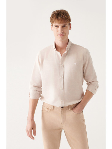 Avva Men's Beige Easy Iron Button Collar Textured Cotton Regular Fit Shirt