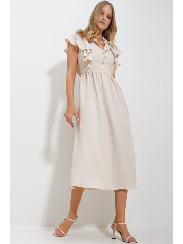 Trend Alaçatı Stili Women's Beige Shirt Collar Half Placket Ruffle Detailed Hidden Zipper Midi Dress