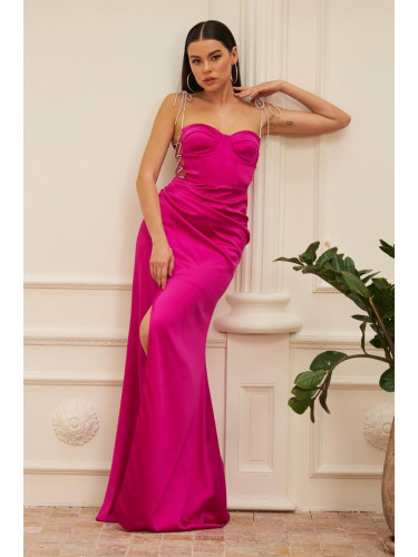 Carmen Long Evening Dress And Invitation Dress In Fuchsia Satin With Tie