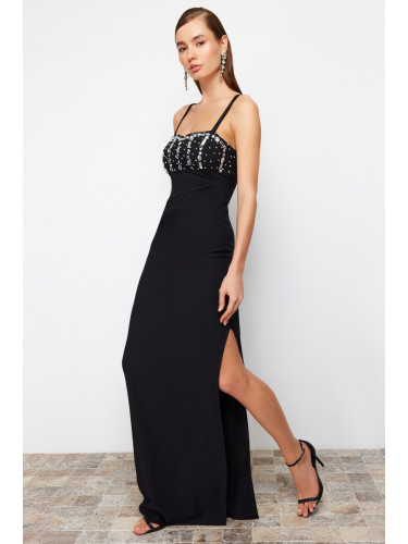 Trendyol Woven Long Evening Dress with Black Stone Accessories