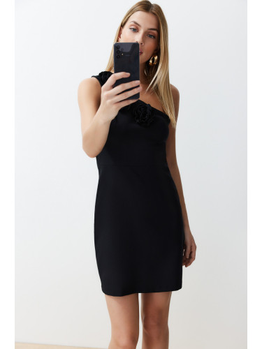 Trendyol Black A-line One Shoulder Rose Detailed Mini Woven Dress