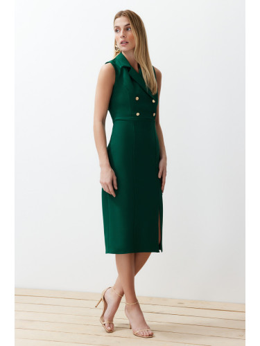 Trendyol Emerald Green Fitted Button Detailed Slit Midi Pencil Skirt Woven Dress