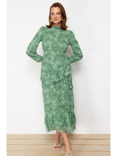 Trendyol Khaki Floral Skirt Frilly Lined Woven Chiffon Dress
