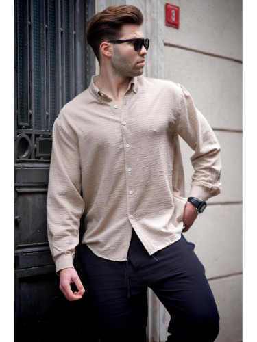 Madmext Men's Beige Long Sleeve Oversize Shirt 6735