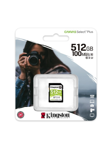 Карта памет 512GB SDHC, Kingston Canvas Select Plus, Class 10 UHS-I, скорост на четене 100MB/s, скорост на запис 85MB/s