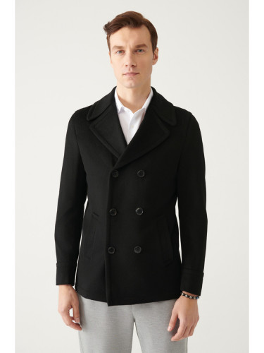 Avva Men's Black Double Breasted Collar Woolen Cachet Comfort Fit Relaxed Cut Coat