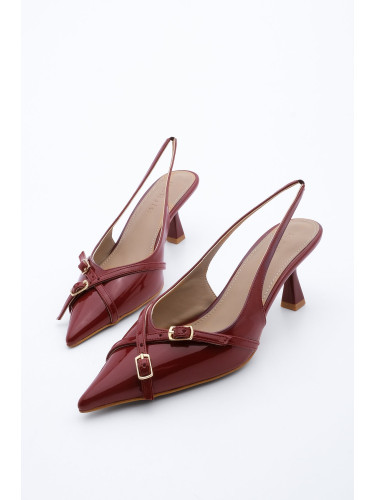 Marjin Women's Stiletto Pointed Toe Open Back Thin Heel Heel Shoes Chestnut Burgundy Patent Leather