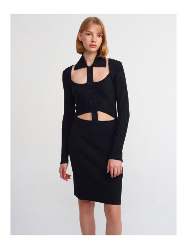 Dilvin 90143 Polo Neck Buttoned Knitwear Dress-Black