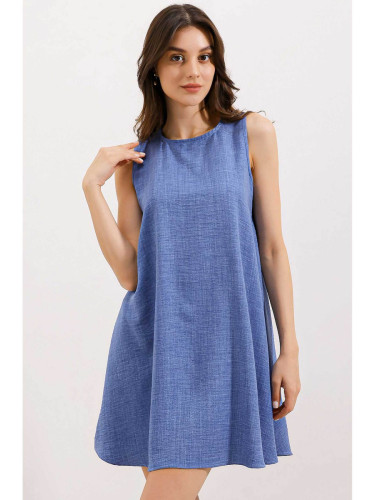 Bigdart 2444 Detailed Mini Linen Dress - Blue