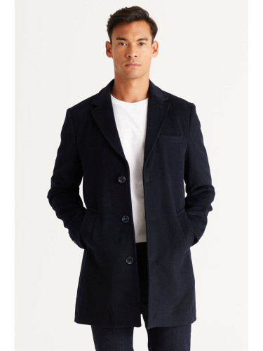 ALTINYILDIZ CLASSICS Men's Navy Blue Standard Fit Normal Cut Monocollar Woolen Overcoat.