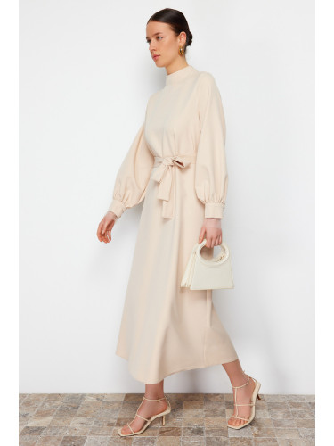 Trendyol Beige Stand Collar Belt Detailed Woven Dress