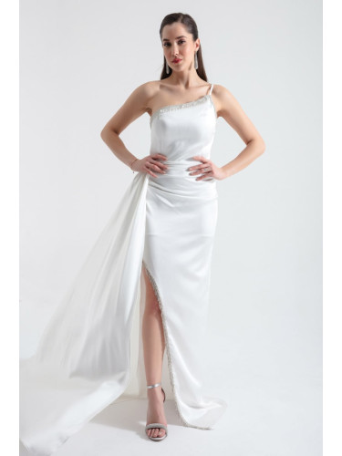 Lafaba Women's White One-Shoulder Stone Long Satin Evening Dress