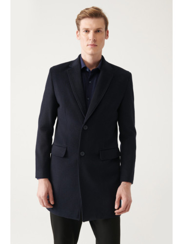Avva Men's Navy Blue Slit Wool Stamped Comfort Fit Coat