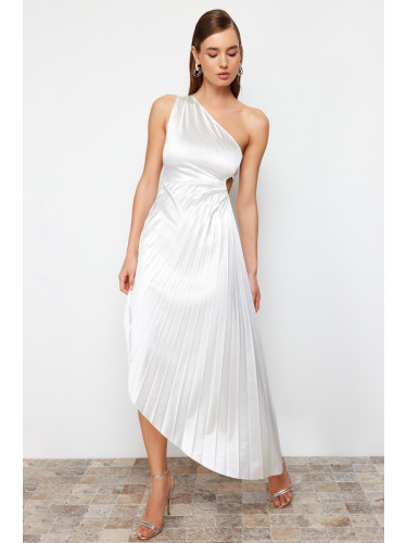 Trendyol Ecru Asymmetrical Pleat Detailed Knitted Satin Elegant Evening Dress