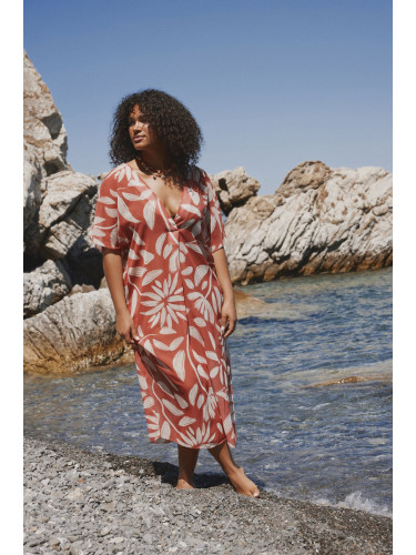 Trendyol Curve Multicolored Tropical Patterned Bat Sleeve Midi Length Woven Plus Size Beach Dress