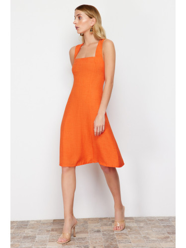 Trendyol Orange A-Cut Square Neck Mini Woven Dress