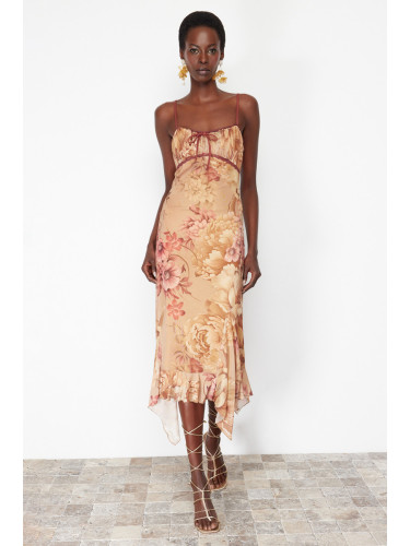 Trendyol Multicolored A-Line Floral Patterned Ruffle Knitted Tulle Dress