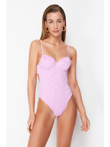 Trendyol Pink V-Neck Tie-Up Premium Fabric Regular Swimsuit