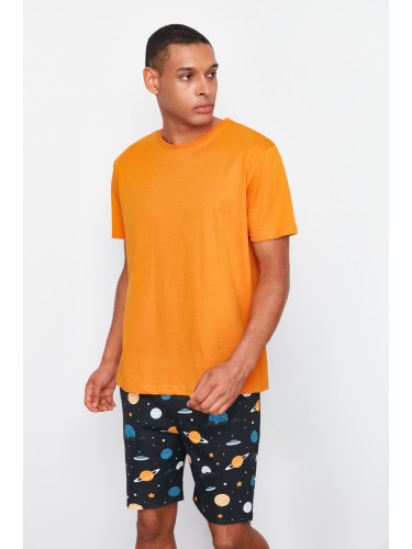 Trendyol Orange Regular Fit Printed Knitted Pajama Set with Shorts
