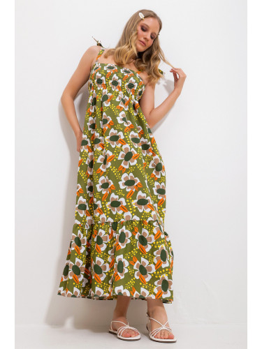 Trend Alaçatı Stili Women's Khaki Strap Skirt Flounce Floral Patterned Gimped Woven Dress