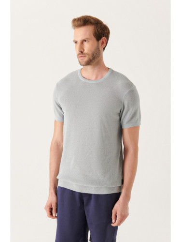 Avva Men's Gray Crew Neck Textured Ribbed Regular Fit Knitwear T-shirt
