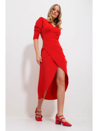 Trend Alaçatı Stili Women's Red Double Breasted Neck Draped Princess Sleeve Cocktail Dress