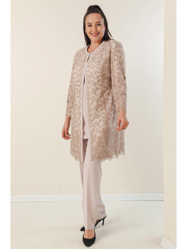 By Saygı Plus Size 3-piece Crepe Set with Beading and Guipure Lined Jacket, Blouse and Pants.