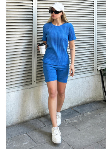 Trend Alaçatı Stili Women's Blue Crew Neck Shorts Double Suit