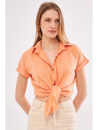 armonika Women's Pink Short Sleeve Linen Shirt