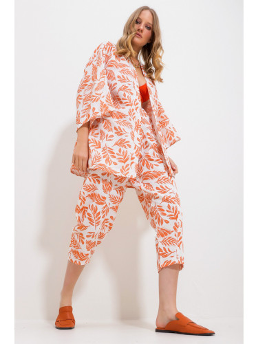 Trend Alaçatı Stili Women's Orange Patterned Kimono With Jacket And Trousers Linen Woven Bottom Top Suit