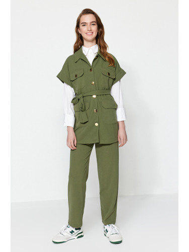 Trendyol Khaki Gold Buttoned Vest-Pants Knitted Suit