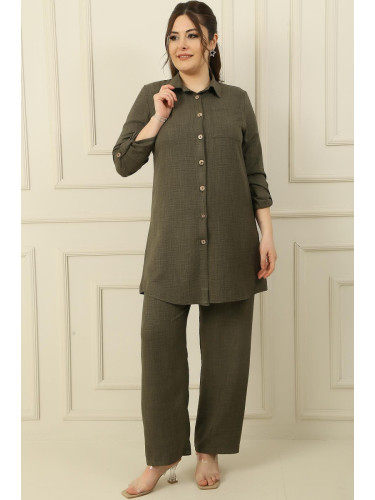 By Saygı Single Pocket Double Sleeve Shirt Elastic Waist Palazzo Trousers Linen Effect Plus Size 2 Set