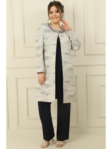 By Saygı Plus Size 3-Piece Suit with Stone Detailed Lined Collar Jacquard Jacket Inner Sleeveless Blouse With Trousers