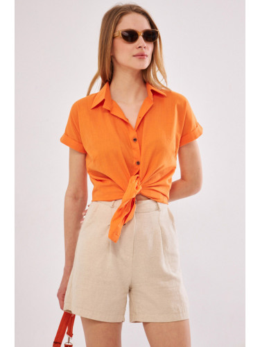 armonika Women's Orange Short Sleeve Linen Shirt