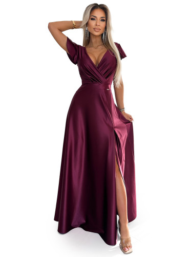 411-10 CRYSTAL satin long dress with a neckline - Burgundy color