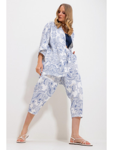 Trend Alaçatı Stili Women's Indigo Patterned Kimono With Jacket And Trousers Linen Woven Bottom Top Set