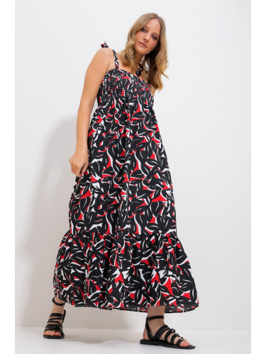Trend Alaçatı Stili Women's Black Strap Skirt Flounce Floral Pattern Gimped Woven Dress