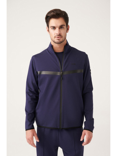 Avva Men's Navy Blue Interlock Fabric Stand Collar Printed Regular Fit Sweatshirt