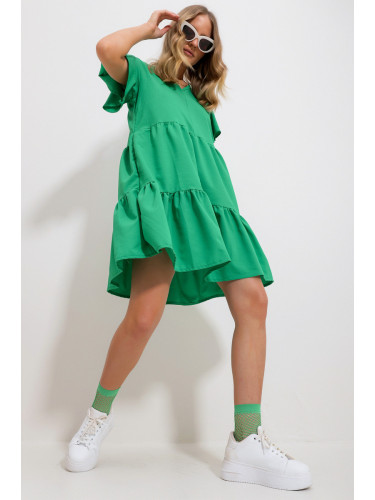 Trend Alaçatı Stili Women's Green V-Neck Tiered Flounce Woven Dress