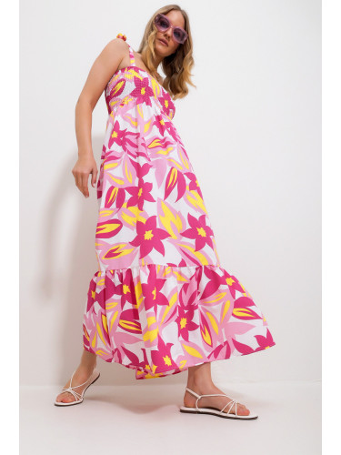 Trend Alaçatı Stili Women's Fuchsia Strap Skirt Flounce Floral Patterned Gimped Woven Dress