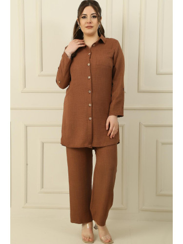 By Saygı Single Pocket Double Sleeve Shirt Elastic Waist Palazzo Trousers Linen Effect Plus Size 2 Set