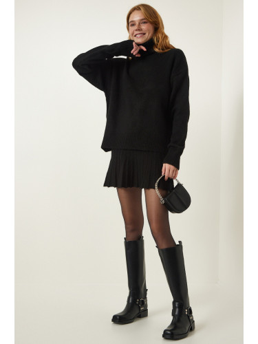 Happiness İstanbul Women's Black Turtleneck Sweater Skirt Knitwear Suit