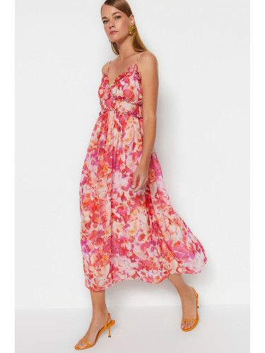 Trendyol Multi Color Floral Print A-Cut Ruffle Detail Lined Chiffon Maxi Woven Dress