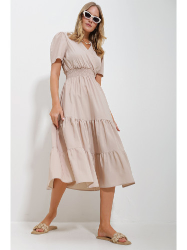 Trend Alaçatı Stili Women's Beige Double Breasted Waist Gimped Walloon Woven Poplin Dress