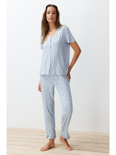 Trendyol Blue-Multi Color Floral Ruffle Detail Knitted Pajamas Set